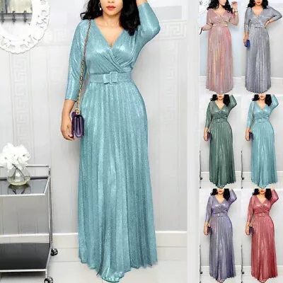 Sparkling Pink Maxi Dress V Neck Long Sleeve Pleated Hem Prom Ball Gown • £31.76