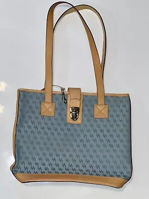 Dooney & Bourke Medium Shopper Tote Light Blue Canvas Logo Leather Purse Bag Vtg • $30