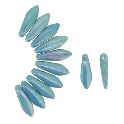 Czech Glass Dagger Drop Beads 5x16mm 2-Hole 25pcs Chalk Blue Luster • $4.59