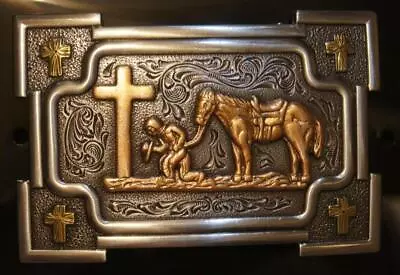 Nocona Western Belt Buckle Rectangle Praying Cowboy Silver 37032 • $30