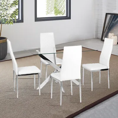 Glass Dining Table Chairs Set With Metal Legs Home Kitchen Dining Room Furniture • £109.95