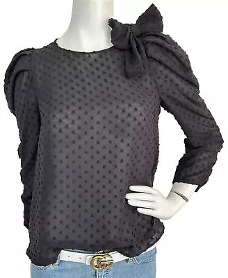 NWT Zara Swiss Dot Bow Blouse Semi Sheer Puff Shoulder 3/4 Sleeve Black XS • $34.95