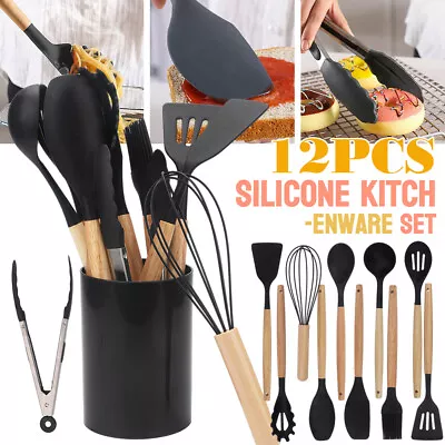 Set Of 12 Silicone Utensils Set Wooden Cooking Kitchen Baking Cookware AU Stock • $22.89