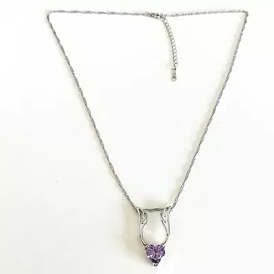 925 Sterling Silver Purple CZ Heart Angel Wings Ladies Adjustable Necklace • $39.99