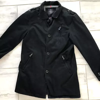 Cotton On Mens Twill Jacket Medium Black Lined Single Vent Epaulets Button Front • $21.99