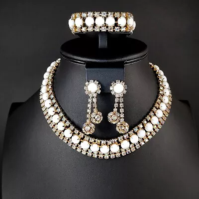 Vintage Milk Glass AB Rhinestone PARURE 3 Piece Set Gold Tone Necklace Bracelet • $139.95