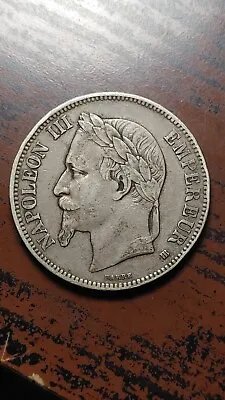 1869 BB Silver France 5 Francs Napoleon III Crown Size                      S483 • $45