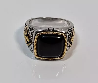 Mens Size 10 Rhodium Plated Dress Ring Genuine Onyx And Fleur De Lis  • $14.79