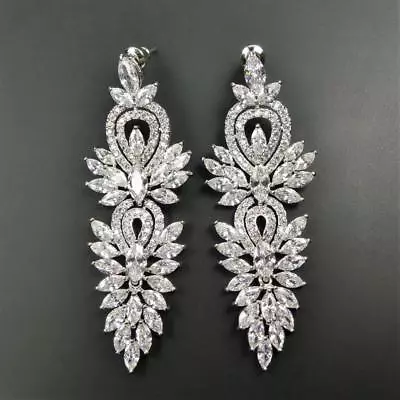 Rhodium Plated Vintage Style CZ Cluster Large Statement Chandelier Earrings • $25.95