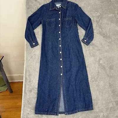 Vintage Denim Dress Womens Medium Blue Jean Maxi Country Western Stitching • £37.99