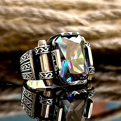 925 Sterling Silver Turkish Jewelry Mystic Topaz Stone Men's Ring All Size #992 • $49