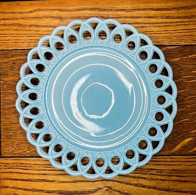 Challinor Taylor Blue Milk Glass Scroll & Eye 8  Lace Edge Antique Plate • $19.99