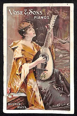 Boston MASS Victorian Trade Card Vose & Sons Pianos Girl Plays Lute Outdoors • $6.99