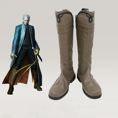 Devil May Cry Vergil Cosplay Shoes Boots Brown Leather Boots Unsex Halloween Cos • $73.89