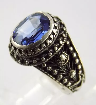 Vintage Sterling Silver Oval Cut Sapphire Ring 925 Size 6 Weighs 5.7g Dot Trim • $58.88