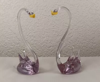 Vintage Hand Blown Art Glass Swan Duck Figurines Lot Of 2 Silly Lilac & Clear • $18.49