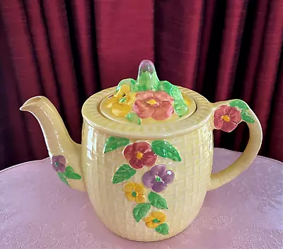 Vintage Wade Heath England Embossed Yellow & Floral Six Cup Teapot C1938-1950 • $95