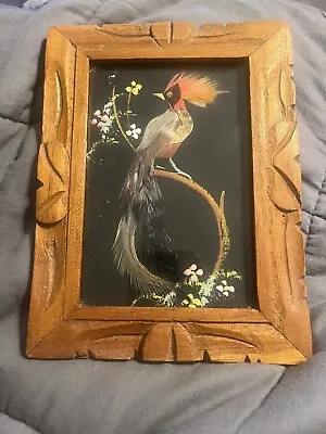 Vintage Mexican Feather Art 7 X 5.5 Inches Hand Carved Wooden Frame • $25