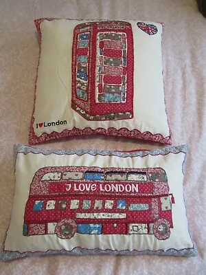 2x Maison Vintage London Bus & Phone Box Embroidered Cushion Covers 45x45 30x50 • £19.99