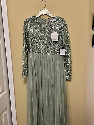 Maya Embellished Sage Green Long Sleeve Sequin Formal Maxi Dress • $85