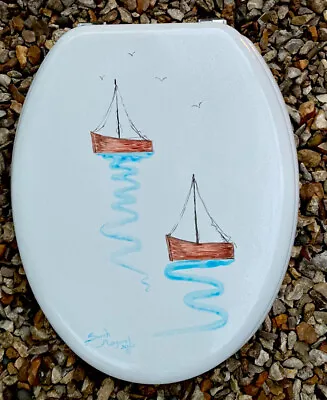 £89.99 • Buy New Toilet Seat. White Wooden. Standard. Hand Painted Boats And Sea Blues Unique