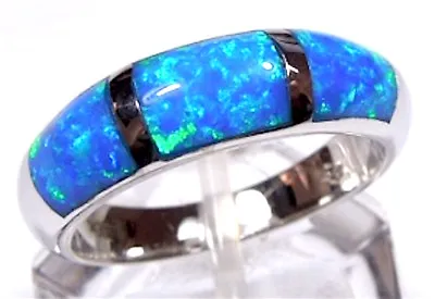 Blue Fire Opal Inlay 925 Sterling Silver Men's Woman Band Ring Sizes 6 -13 • $35