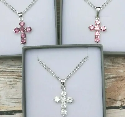 Personalised 1st Holy Communion Gift Cross Pendant Necklace Pink Clear Purple • £5.99