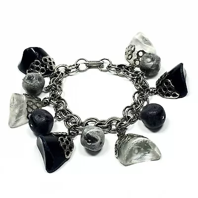 Vintage 1950's Bracelet Gray Black Clear Lucite Plastic Charms 7.25  • $21.99