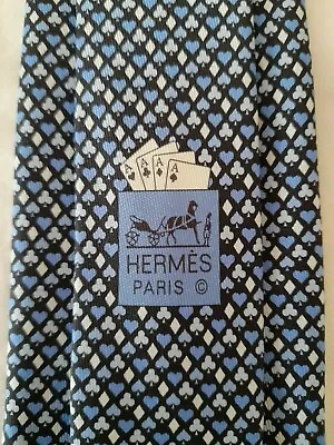 £175 • Buy HERMES Black / Sky Blue Card Ace Of Spades & Heart 100% Silk Twill Tie 7cm Wide