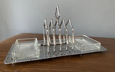 £6 • Buy Art Deco Vintage Ornate Stainless Steel Toast Rack With 2 X Glass Butter Dishes