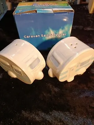 Novelty Ceramic Caravan Salt And Pepper White And Blue  Shakers /Crute Set • £9.90