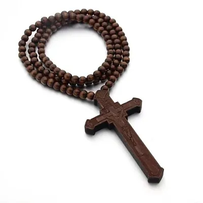 Mens Brown Wooden Jesus Christ Crucifix Cross Pedant Catholic Necklace Chain 35  • $13.99