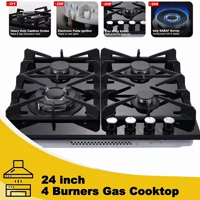 Gas Cooktop 24  Black Tempered Glass 4 Burners Built-in Hob NG/LPG Convertible • $145.99