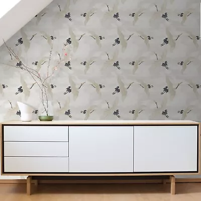 £1.49 • Buy White Blue Metallic Wallpaper Silver Oriental Japanese Birds Cranes Feature 
