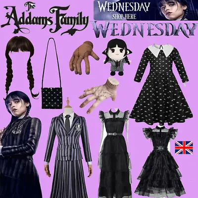 Wednesday The Addams Family Costume Girls Adams Fancy Dress Wig Bag Party Lot UK • £10.99