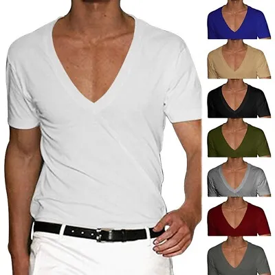 T-Shirt Male Deep V Neck Elastic Mens Muscle Short Sleeve Sport T Shirt • $21.67