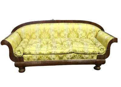 Antique Sofa American Empire  Yellow Fabric  Dark Wood Early  1800's 19th C • $879