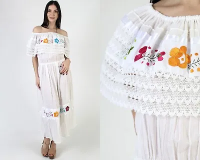 Vtg Off The Shoulder Mexican Embroidered Floral Crochet Gauze Wht Ethnic Dress • $62.70