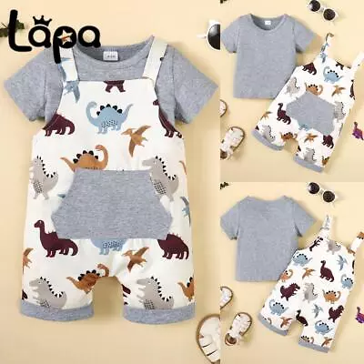 Infant Baby Boys T Shirt Tops Suspender Dinosaur Romper Kids Outfits Clothes Set • £2.59