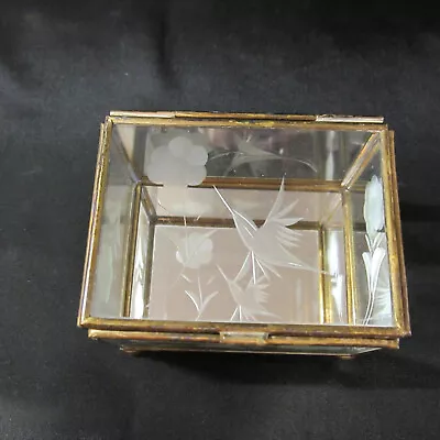 Vintage Trinket Display Box #10 Brass And Glass Etched Hummingbird Etched 5 Side • $8