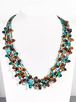 Beachy Coastal Boho Blue Green Glass Briolette Multi Strand Necklace 20 Inch • $9.09