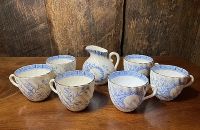 £4.99 • Buy Antique Victorian Blue & White Bone China Tea Cups X 6 & Jug -  Unmarked Gd Cond
