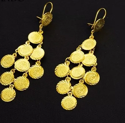 22K Gold Plated Dubai Moroccan Turkish Dangle Coin Earrings Indian Hoop Earring  • $24.99