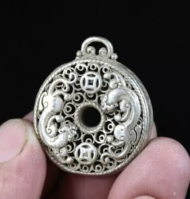 3.5CM Rare Old China Miao Silver Feng Shui 2 Pixiu Beast Luck Necklace Pendant • $8.99