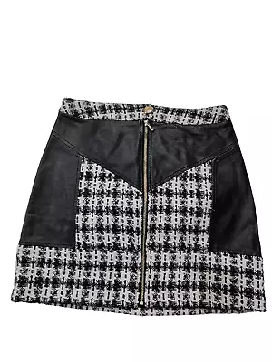 Women River Island Size Uk 8 Black Woven Zip Front Pu Panelled Casual Mini Skirt • £9.99
