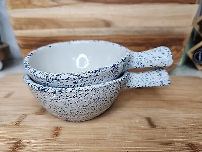 2 Vtg Monmouth USA Maple Leaf Pottery Crock Handled Soup Bowls Speckled Blue  • $19.99