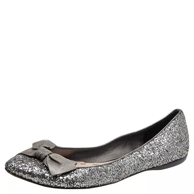 Miu Miu Silver Glitters And Leather Ballet Flats Size 38 • $198.45