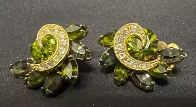 Vintage Signed WEISS Green Rhinestone Gold Tone Clip Earrings • $22