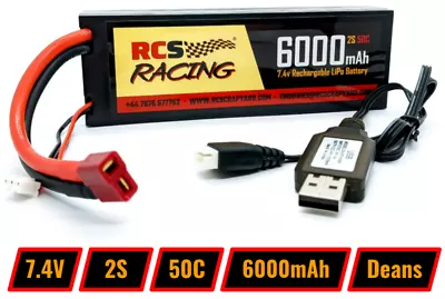 7.4V 2S Lipo Battery 6000mAh 80C Rechargeable + USB Charger -CarsTrucks Buggies • £33.99