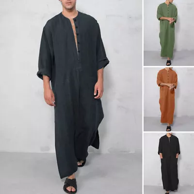 Men's Long Sleeve Islamic Dishdash Arabic Kaftan Casual Loose Saudi Jubba Thobe • $26.59